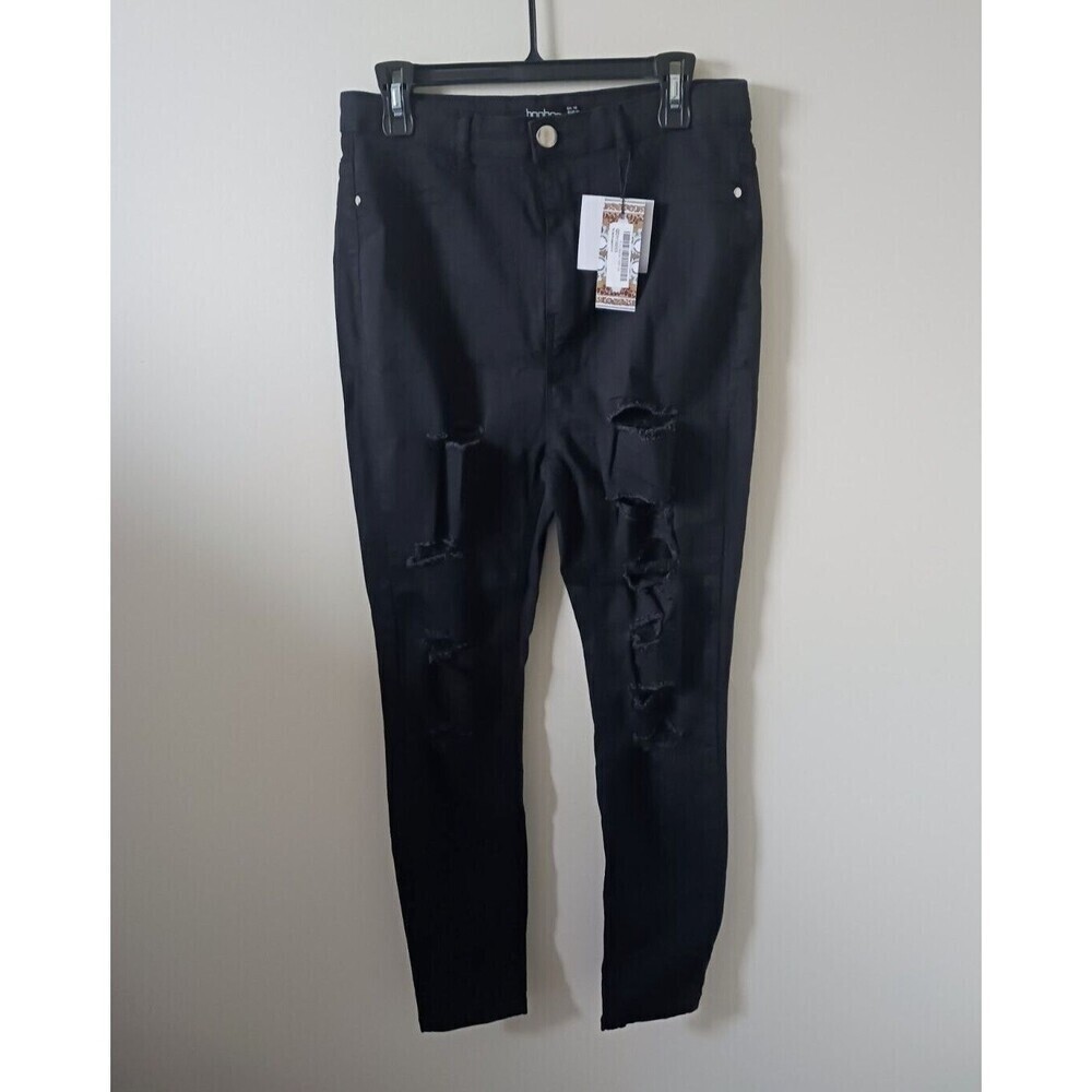 Boohoo Jeans Womens 12 Black High Rise Straight Leg Distressed Stretch NWT
